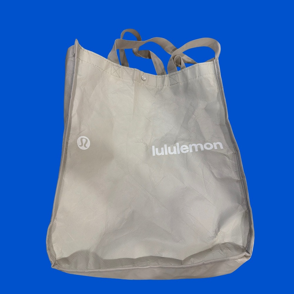 Lululemon Reusable Shopping Tote Bag Beach Large Cream Beige Logo Snap Closure
